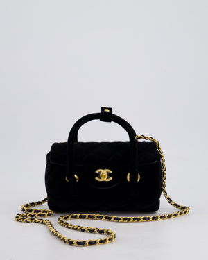 *RARE* Chanel Black Cylindrical Mini Flap Bag with Handles In Velvet and Brushed Gold Hardware