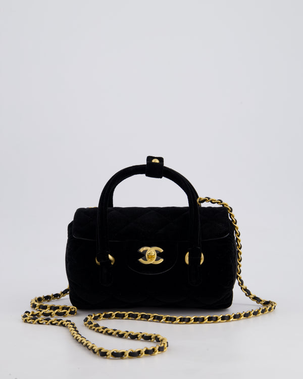 *RARE* Chanel Black Cylindrical Mini Flap Bag with Handles In Velvet and Brushed Gold Hardware