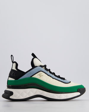 Chanel Black, White, Green and Blue Fabric and Leather Trainers with Black Soles and Silver CC Logo Size EU 40