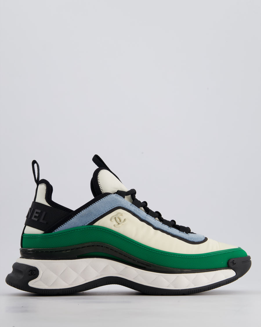 Chanel Black, White, Green and Blue Fabric and Leather Trainers with Black Soles and Silver CC Logo Size EU 40