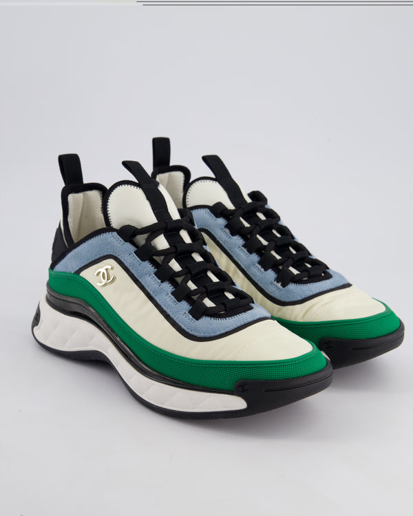 Chanel Black, White, Green and Blue Fabric and Leather Trainers with Black Soles and Silver CC Logo Size EU 40