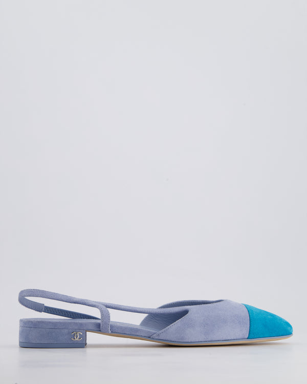 Chanel Baby Blue Suede Leather Flat Slingback Shoes with Silver CC Detail Size 39.5C