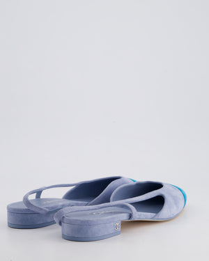 Chanel Baby Blue Suede Leather Flat Slingback Shoes with Silver CC Detail Size 39.5C