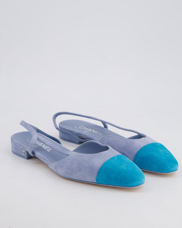 Chanel Baby Blue Suede Leather Flat Slingback Shoes with Silver CC Detail Size 39.5C