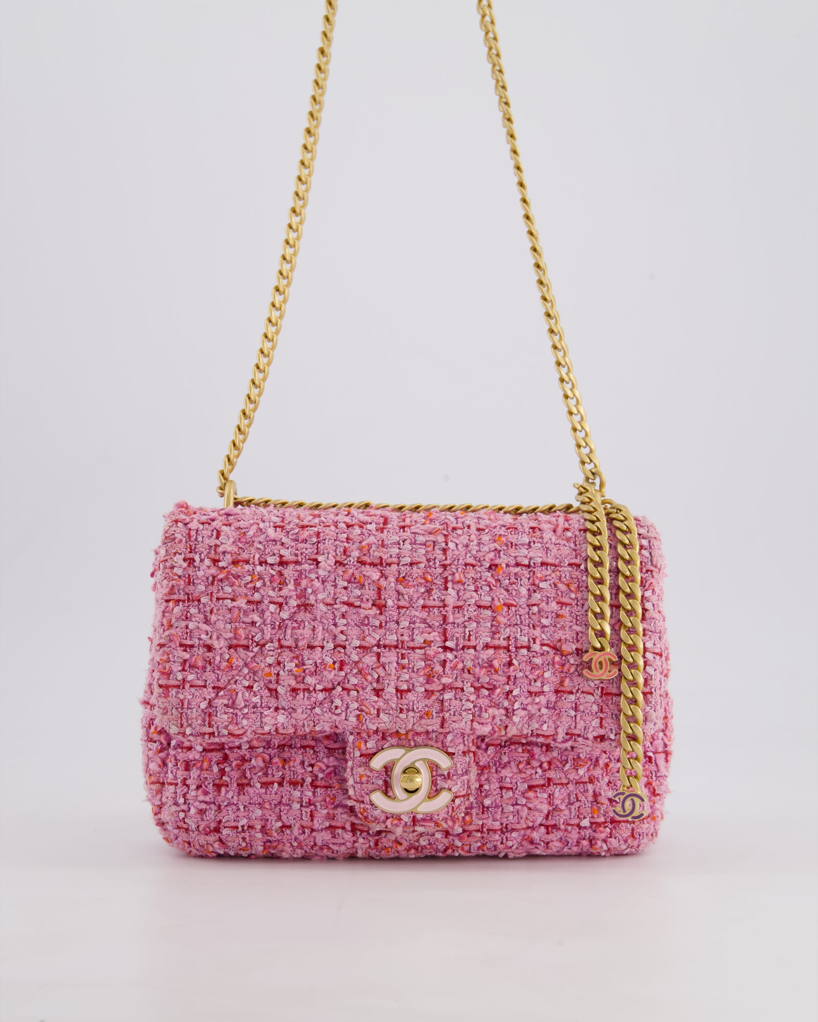 Chanel Pink & Lilac Tweed Seasonal Single Flap Bag with Brushed