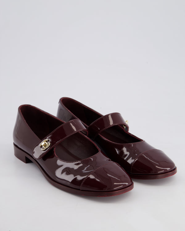 Chanel Burgundy Mary Jane Flat Shoes in Patent Leather with Gold CC Detail Size EU 39
