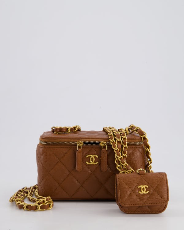 *HOT* Chanel Caramel Vanity Case Bag in Caviar Leather with Antique Gold Hardware and Airpods Case Detail