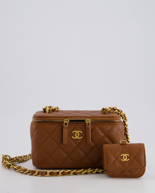 *HOT* Chanel Caramel Vanity Case Bag in Caviar Leather with Antique Gold Hardware and Airpods Case Detail