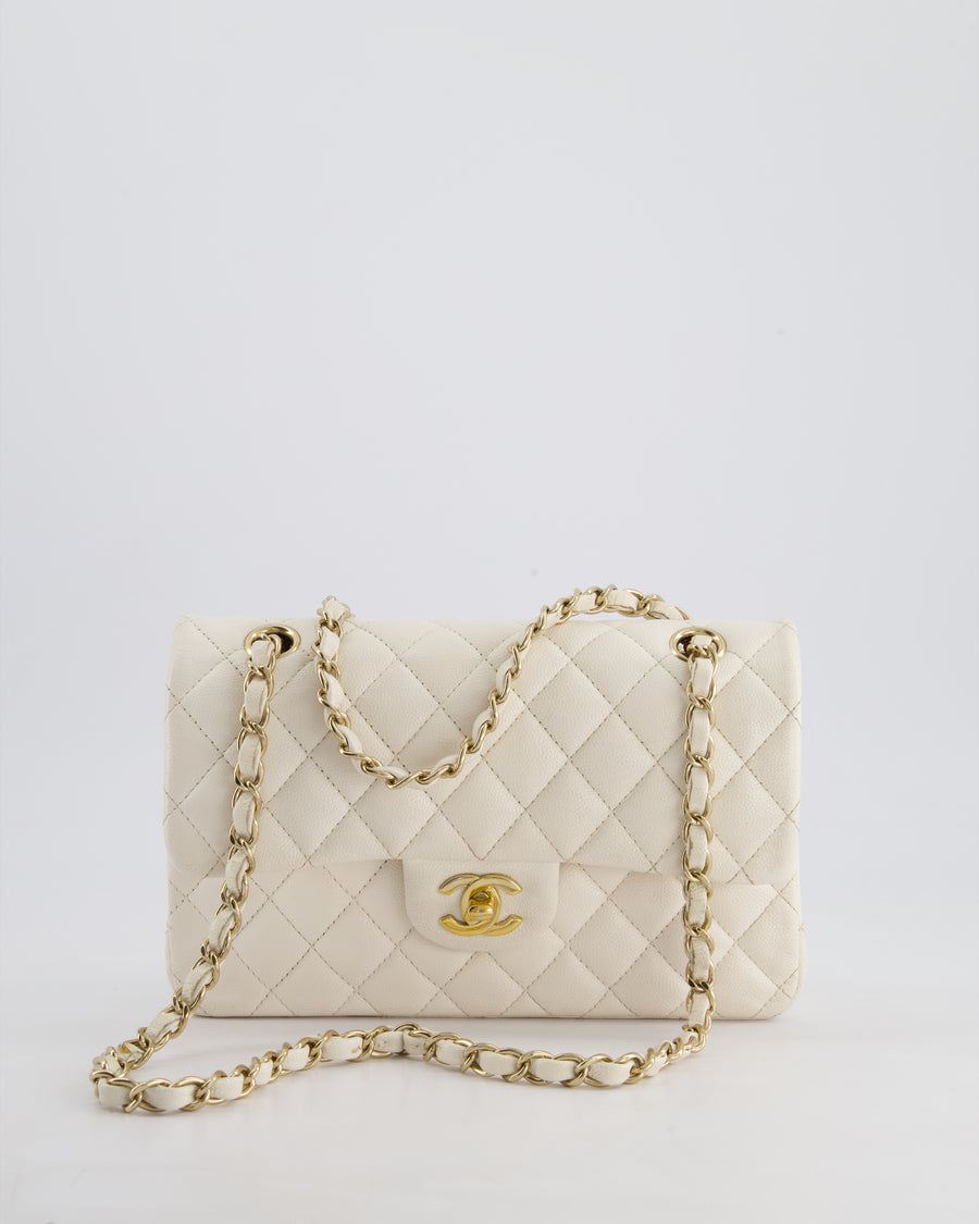 *FIRE PRICE* Chanel White Small Classic Double Flap Bag in Caviar Leather with Champagne Gold Hardware