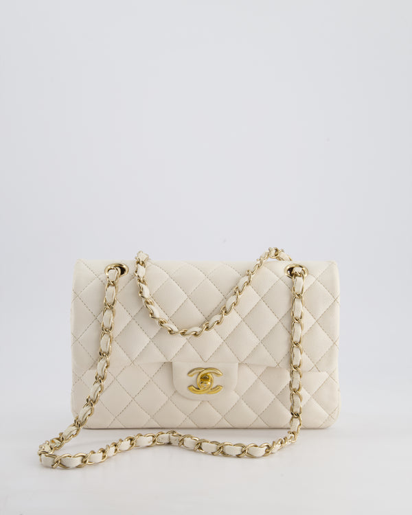 *FIRE PRICE* Chanel White Small Classic Double Flap Bag in Caviar Leather with Champagne Gold Hardware