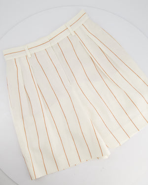 Loro Piana White Linen High-Waisted Shorts with Brown Stripe Details Size IT 38 (UK 6)