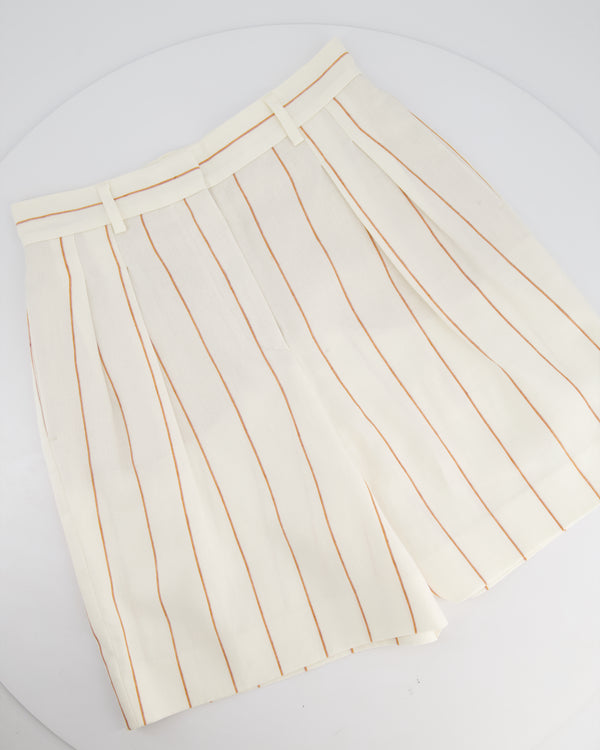 Loro Piana White Linen High-Waisted Shorts with Brown Stripe Details Size IT 38 (UK 6)