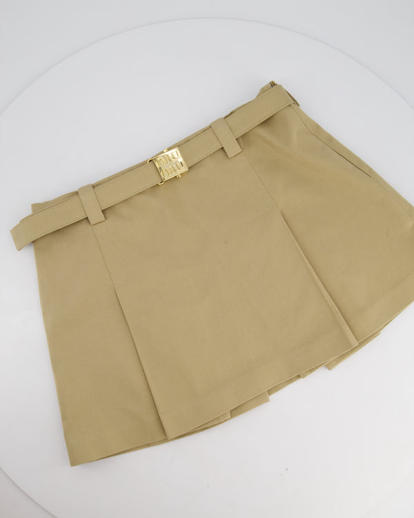Miu Miu Beige Chino Pleated Skirt with Gold "MIU MIU" Buckle Detail Size IT 38 (UK 6) RRP - £1,240