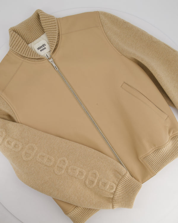 Hermès Beige Varsity Jacket in Chevre Grainee Leather & Cashmere Sleeves with Chaine De Ancre Sleeve and Interior Details Size FR 34 (UK 6)