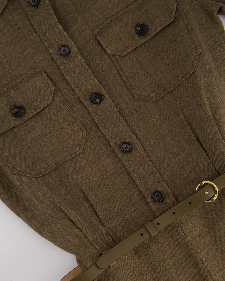 Loro Piana Khaki Jumpsuit with a Khaki Leather Belt and Gold Loop Detail Size IT 40 (UK 8)