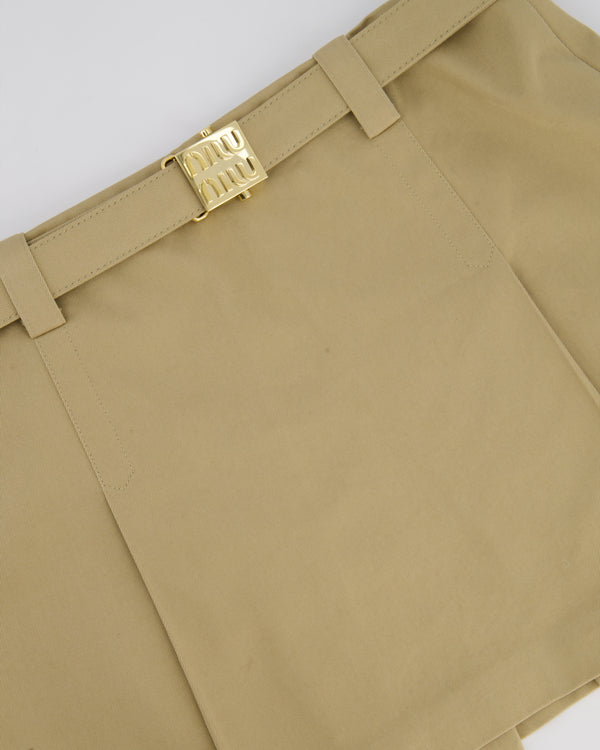 Miu Miu Beige Chino Pleated Skirt with Gold "MIU MIU" Buckle Detail Size IT 38 (UK 6) RRP - £1,240