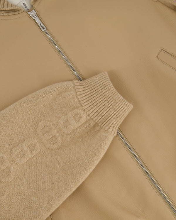 Hermès Beige Varsity Jacket in Chevre Grainee Leather & Cashmere Sleeves with Chaine De Ancre Sleeve and Interior Details Size FR 34 (UK 6)