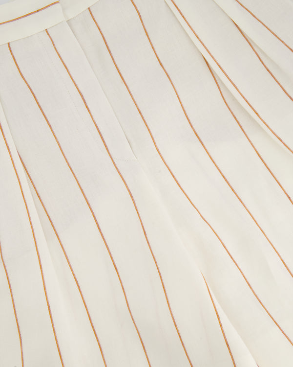 Loro Piana White Linen High-Waisted Shorts with Brown Stripe Details Size IT 38 (UK 6)