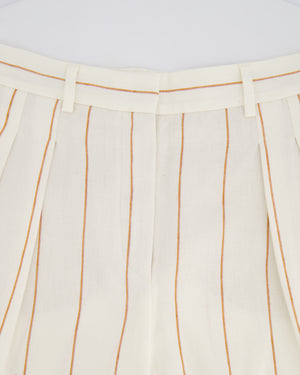 Loro Piana White Linen High-Waisted Shorts with Brown Stripe Details Size IT 38 (UK 6)
