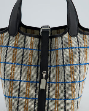 *RARE* Hermès Picotin Lock 18cm Bag in Canvas with Couverture Carre Embroidery in Ecru, Noir, Fauve & Bleu Zanzibar with Palladium Hardware