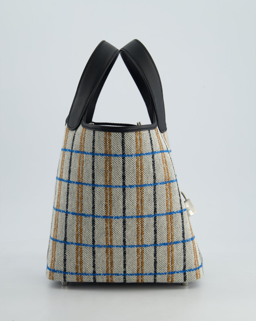 *RARE* Hermès Picotin Lock 18cm Bag in Canvas with Couverture Carre Embroidery in Ecru, Noir, Fauve & Bleu Zanzibar with Palladium Hardware
