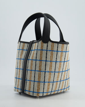 *RARE* Hermès Picotin Lock 18cm Bag in Canvas with Couverture Carre Embroidery in Ecru, Noir, Fauve & Bleu Zanzibar with Palladium Hardware