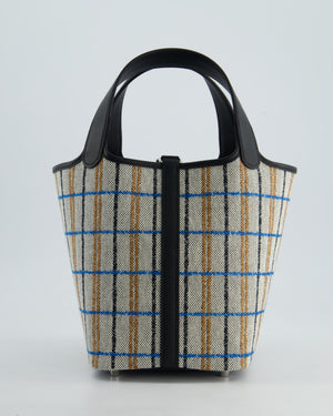 *RARE* Hermès Picotin Lock 18cm Bag in Canvas with Couverture Carre Embroidery in Ecru, Noir, Fauve & Bleu Zanzibar with Palladium Hardware