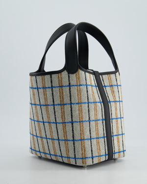 *RARE* Hermès Picotin Lock 18cm Bag in Canvas with Couverture Carre Embroidery in Ecru, Noir, Fauve & Bleu Zanzibar with Palladium Hardware