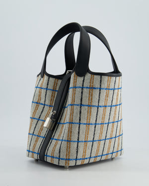 *RARE* Hermès Picotin Lock 18cm Bag in Canvas with Couverture Carre Embroidery in Ecru, Noir, Fauve & Bleu Zanzibar with Palladium Hardware