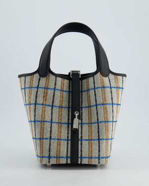 *RARE* Hermès Picotin Lock 18cm Bag in Canvas with Couverture Carre Embroidery in Ecru, Noir, Fauve & Bleu Zanzibar with Palladium Hardware