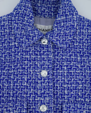*HOT* Chanel 23P Blue, White & Navy Tweed Jacket with White CC Logo Button Details Size FR 38 (UK 10) RRP £5,170