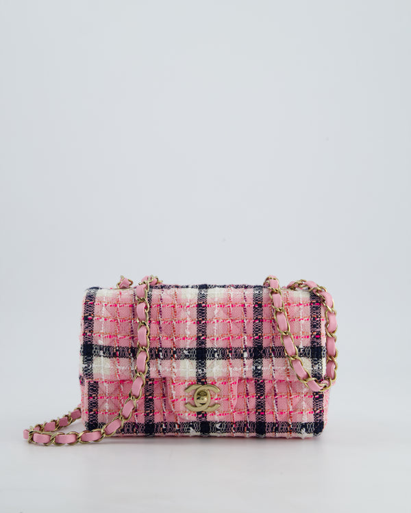 *HOT* Chanel Pink, White Black Tweed Mini Rectangular Single Flap Bag with Champagne Gold Hardware