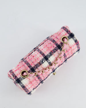 *HOT* Chanel Pink, White Black Tweed Mini Rectangular Single Flap Bag with Champagne Gold Hardware