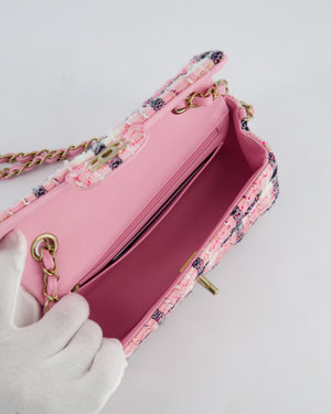 *HOT* Chanel Pink, White Black Tweed Mini Rectangular Single Flap Bag with Champagne Gold Hardware