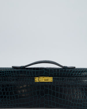 *HOT COLOUR* Hermès Kelly Cut Bag in Vert Cypress Shiny Porosus Crocodile Leather with Gold Hardware