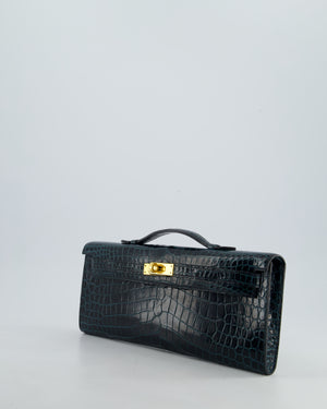 *HOT COLOUR* Hermès Kelly Cut Bag in Vert Cypress Shiny Porosus Crocodile Leather with Gold Hardware