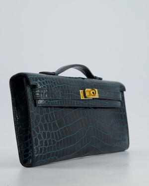 *HOT COLOUR* Hermès Kelly Cut Bag in Vert Cypress Shiny Porosus Crocodile Leather with Gold Hardware
