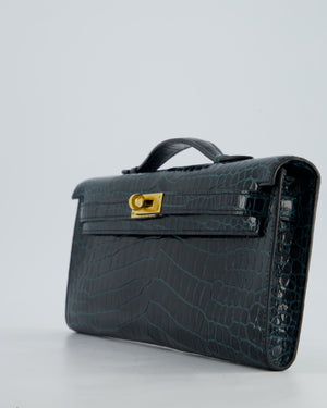 *HOT COLOUR* Hermès Kelly Cut Bag in Vert Cypress Shiny Porosus Crocodile Leather with Gold Hardware
