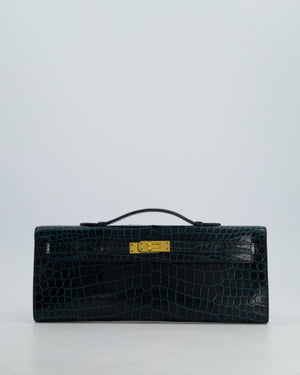 *HOT COLOUR* Hermès Kelly Cut Bag in Vert Cypress Shiny Porosus Crocodile Leather with Gold Hardware