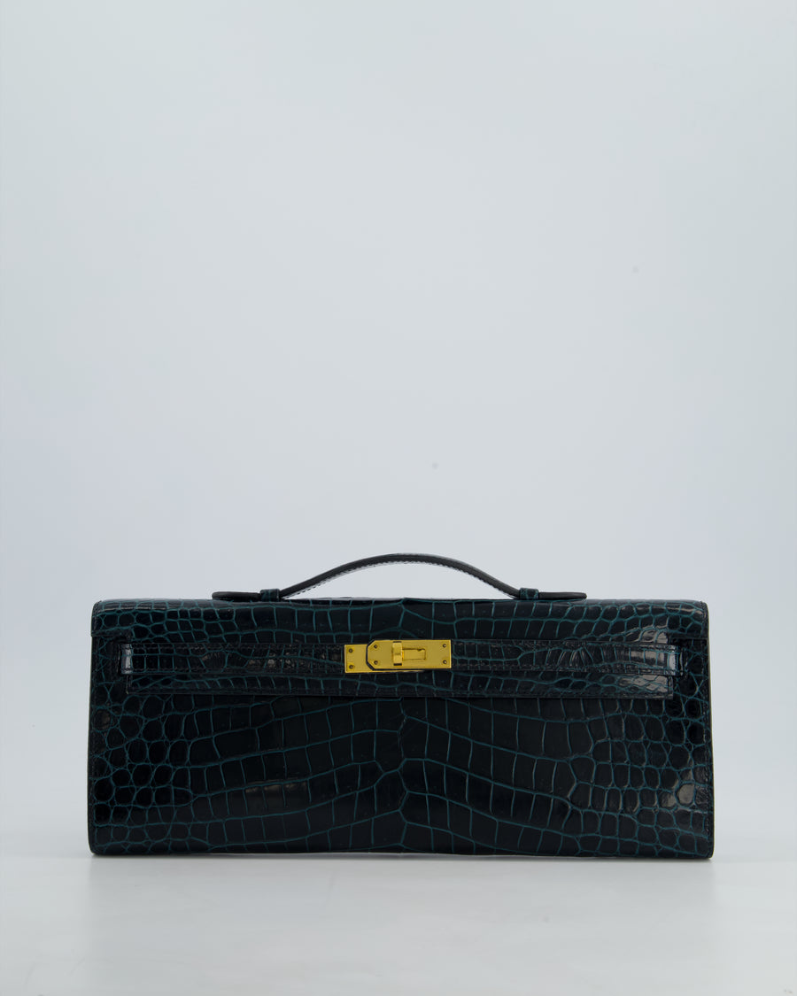 *HOT COLOUR* Hermès Kelly Cut Bag in Vert Cypress Shiny Porosus Crocodile Leather with Gold Hardware