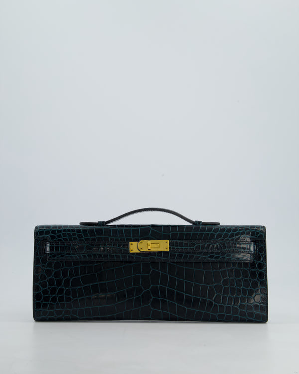 *HOT COLOUR* Hermès Kelly Cut Bag in Vert Cypress Shiny Porosus Crocodile Leather with Gold Hardware