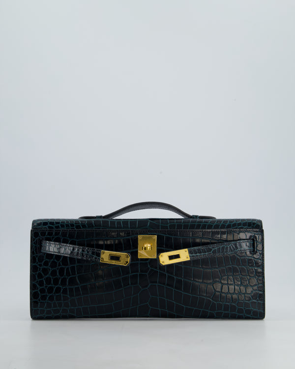 *HOT COLOUR* Hermès Kelly Cut Bag in Vert Cypress Shiny Porosus Crocodile Leather with Gold Hardware