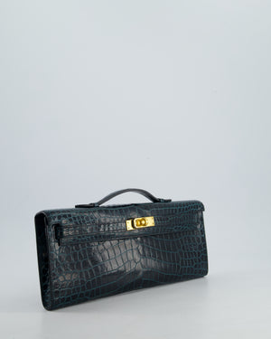 *HOT COLOUR* Hermès Kelly Cut Bag in Vert Cypress Shiny Porosus Crocodile Leather with Gold Hardware
