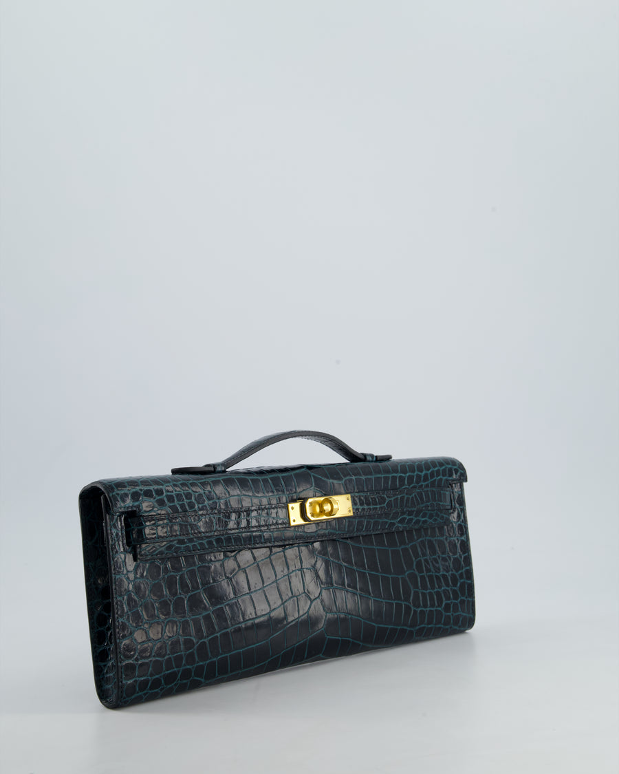 *HOT COLOUR* Hermès Kelly Cut Bag in Vert Cypress Shiny Porosus Crocodile Leather with Gold Hardware