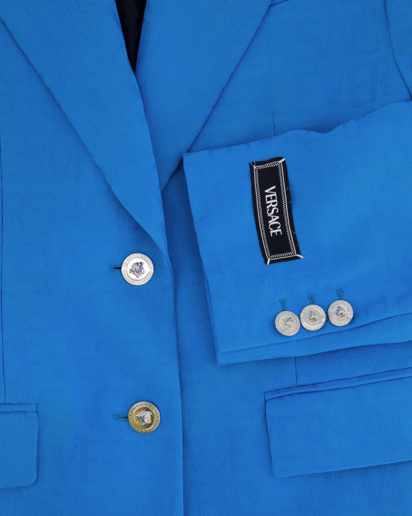 Versace Blue Blazer Jacket with Logo Prints and Silver Medusa Buttons Size IT 36 (UK 4)