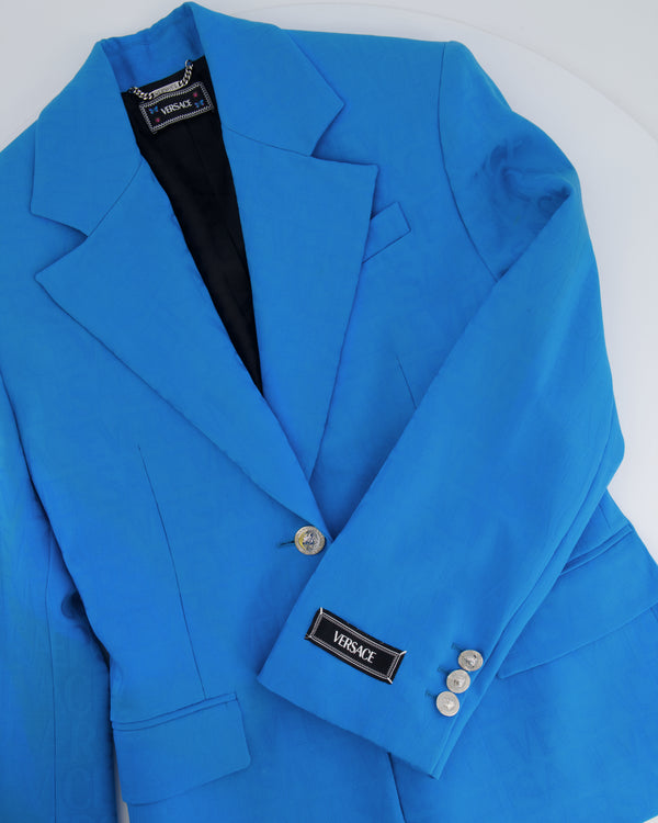 Versace Blue Blazer Jacket with Logo Prints and Silver Medusa Buttons Size IT 36 (UK 4)