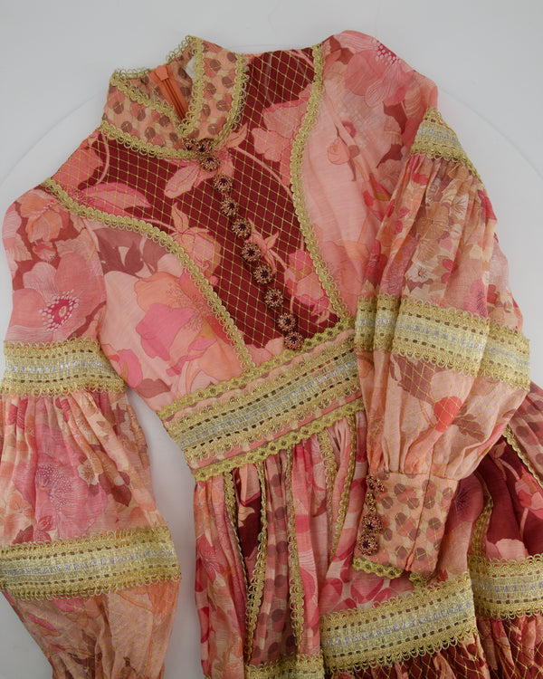 Zimmermann Pink Long Sleeve Floral Linen Dress with Gold Foiled Detail Size OP (UK 6P)