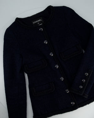 Chanel 13/K Navy Collarless Button Down Tweed Jacket with Multiple Pocket Detail Size FR 34 (UK 6)