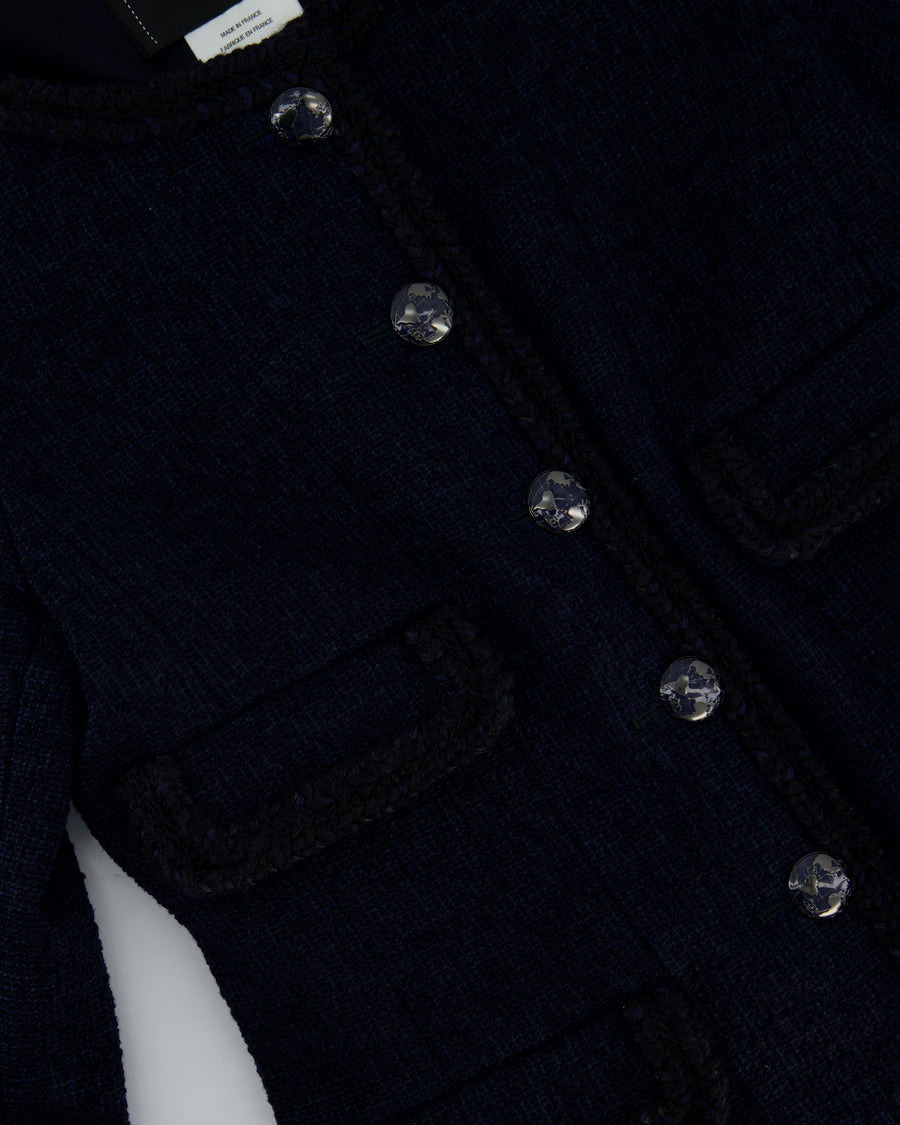 Chanel 13/K Navy Collarless Button Down Tweed Jacket with Multiple Pocket Detail Size FR 34 (UK 6)