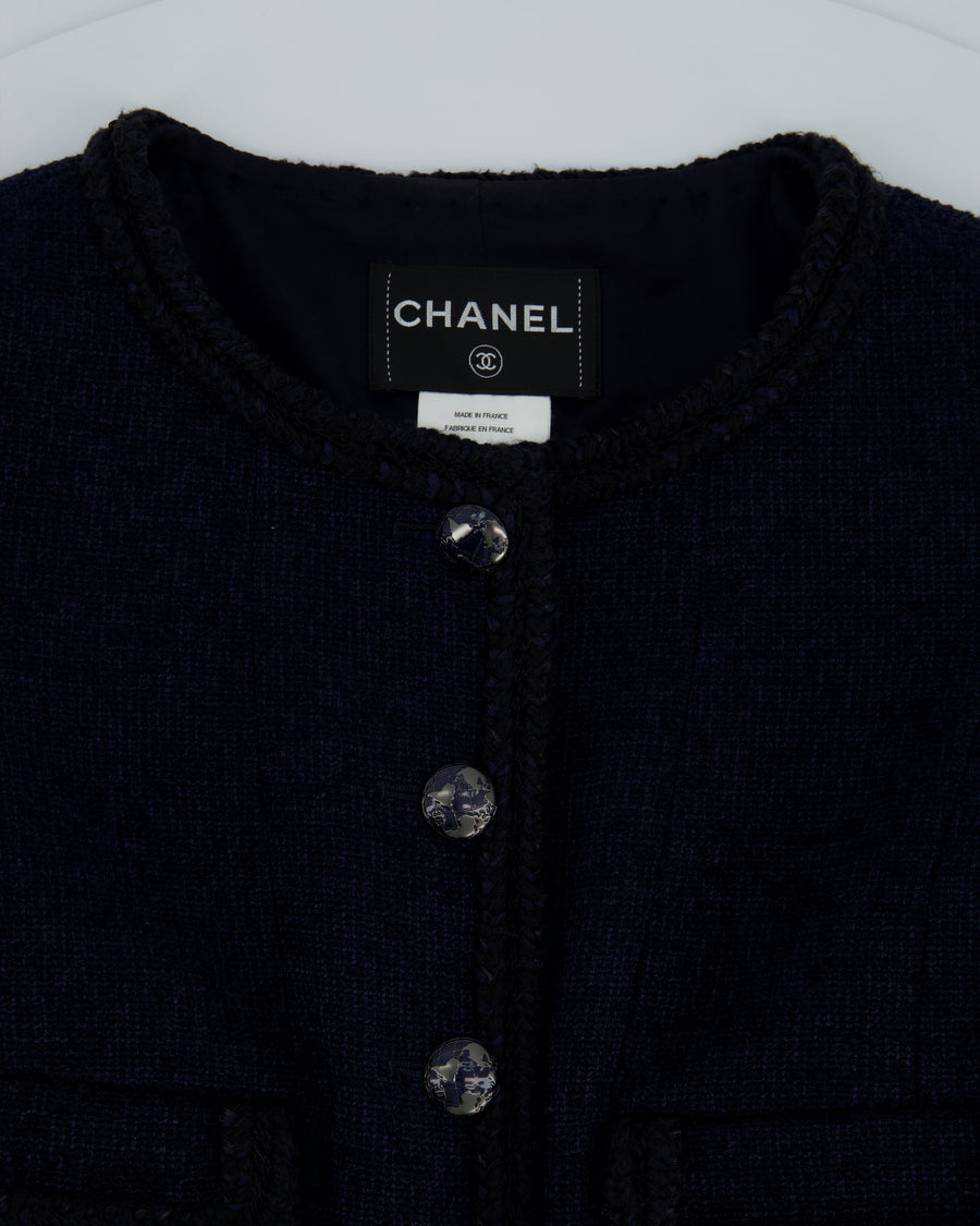 Chanel 13/K Navy Collarless Button Down Tweed Jacket with Multiple Pocket Detail Size FR 34 (UK 6)